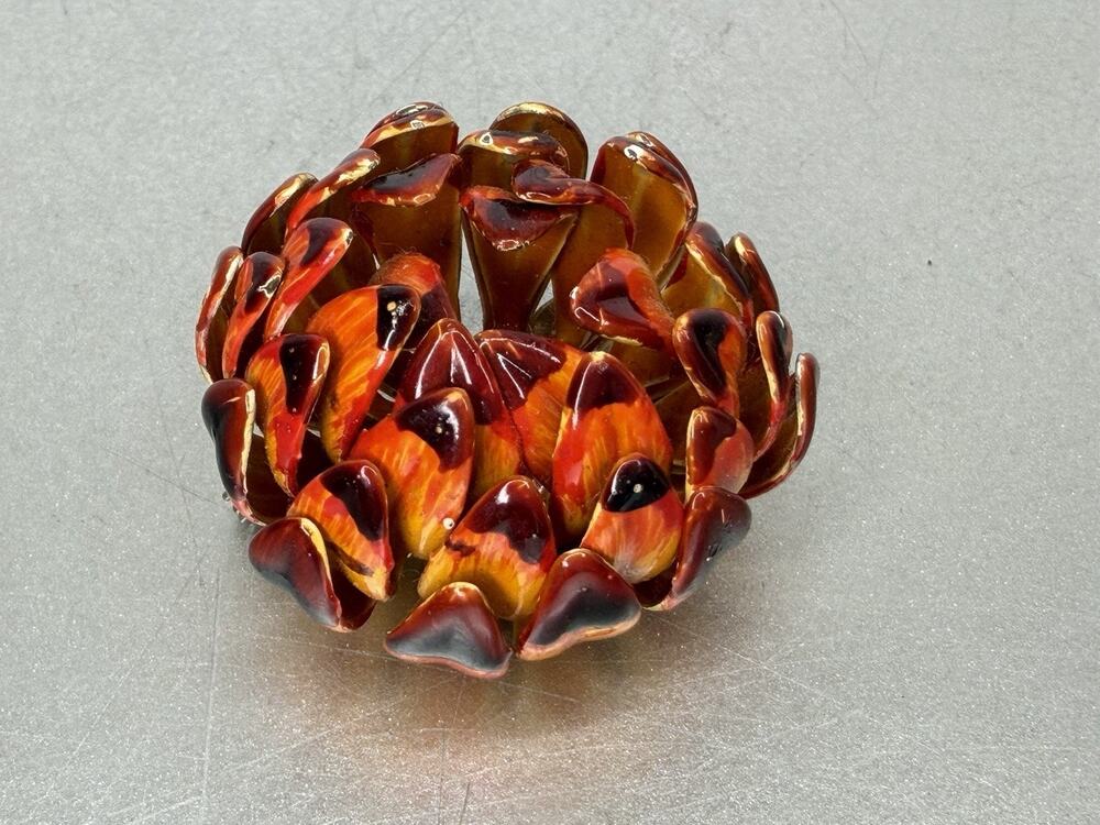 Vintage Enamel Orange Layered Flower Floral Peony Brooch Pin VTG